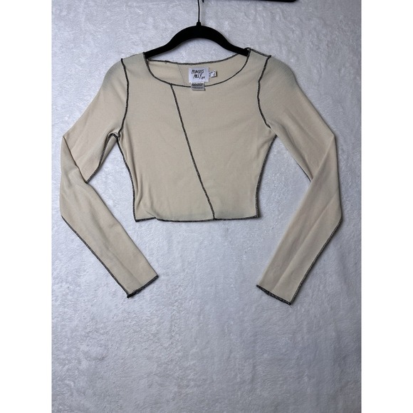 Princess Polly Tops - Princess Polly Crop Top Womens 4 Waffle Knit Off White Long Sleeve Black Trim